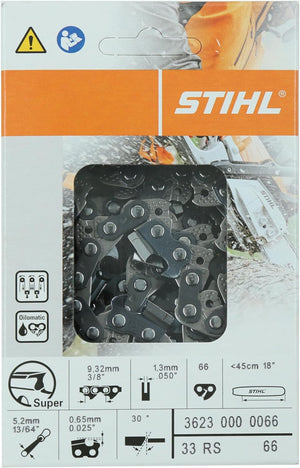 Stihl 18″ Rapid Super Chainsaw Chain – 3/8″ Pitch, .050″ Gauge, 66 Drive Links (33 RS) | OEM #36230000066